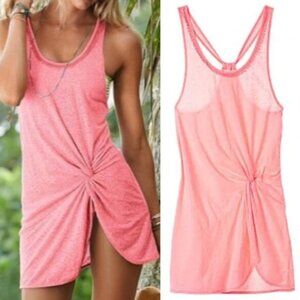 VICTORIA'S SECRET VS Knotted Tank Cover Up / Tunic Top Coral Pink Crochet Sheer